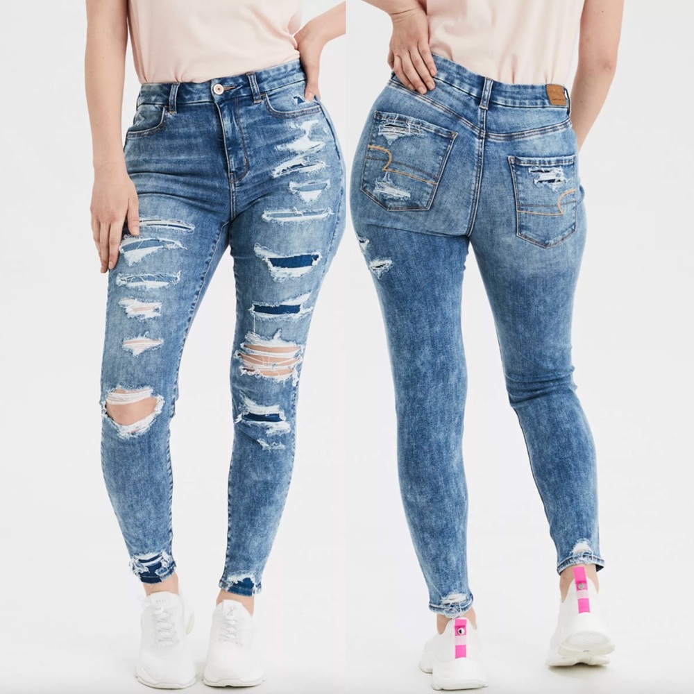 AMERICAN EAGLE AE Ne(x)t Level Curvy High-Waisted Jegging Ripped Patched 4 CURVY